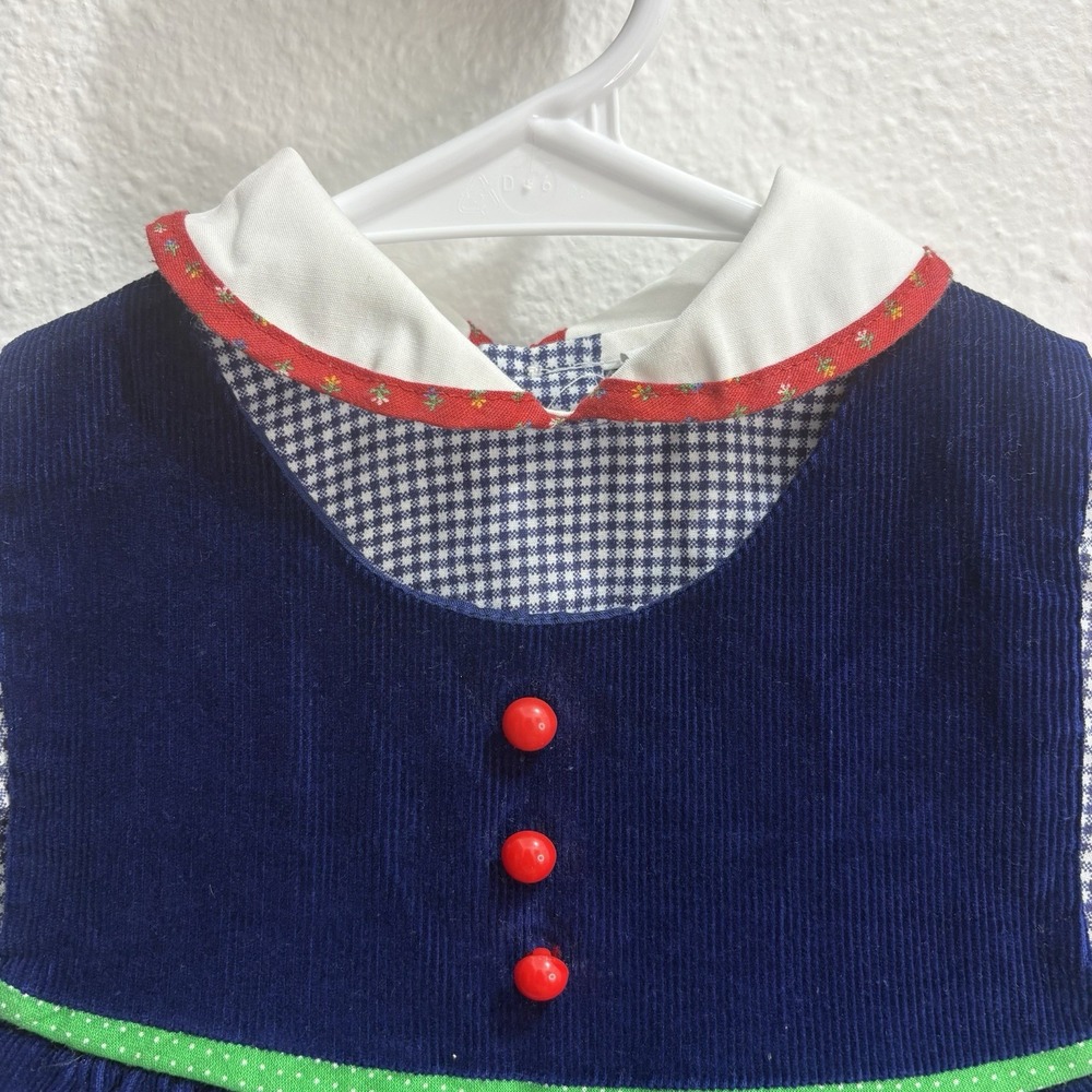 Vintage 2 Piece Farm Gingham Dress Navy Corduroy Pinafore Baby Girl Dress 9-12M - Picture 3 of 13
